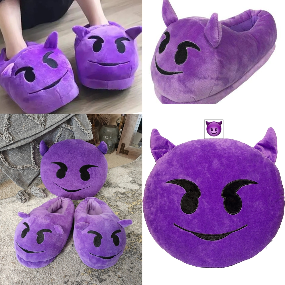 3for20🤍 Purple Devil Emoji Slippers & Pillow set